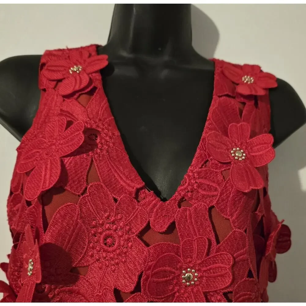 Michael Kors Red Floral Lace V Neck Sleeveless Mini Dress Size 0 NWT